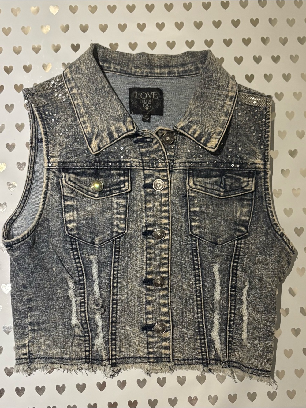 Love Culture Grey Acid-Wash Studded Cropped Denim Vest